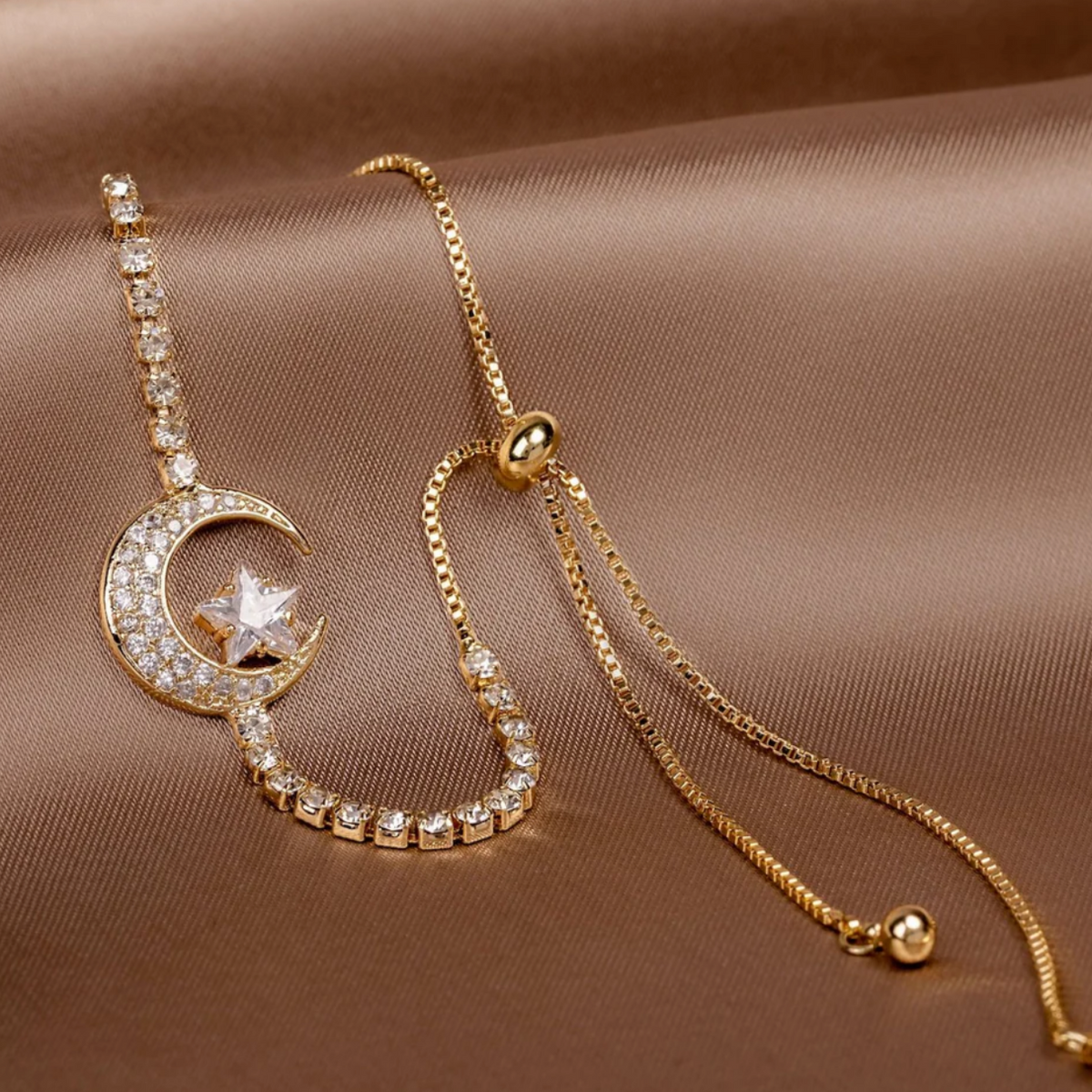 Moon Pendant Bracelet, Zirconia and Gold