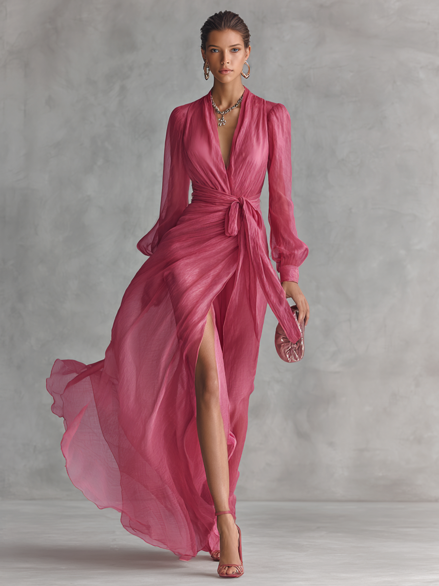 Elegant Pink Chiffon Maxi Dress with Beading and V-Neckline