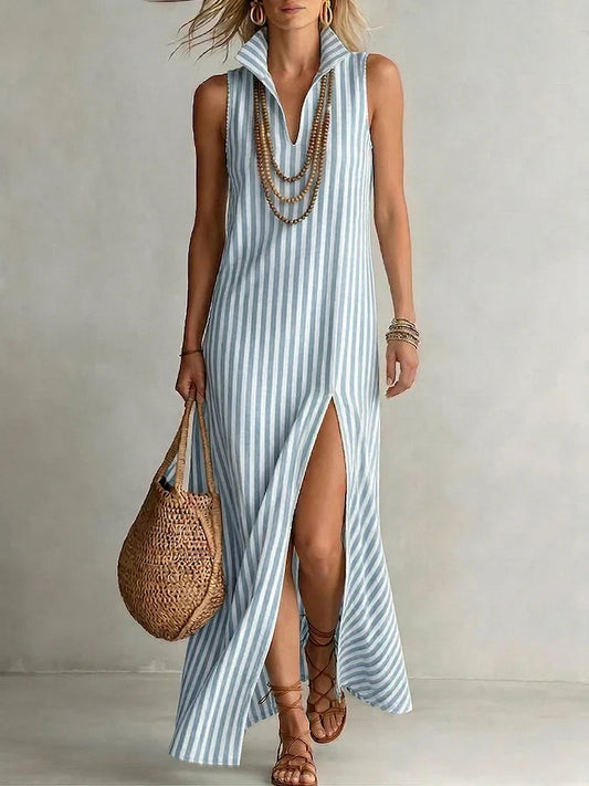 Classic Striped Maxi Dress, Cotton-Linen