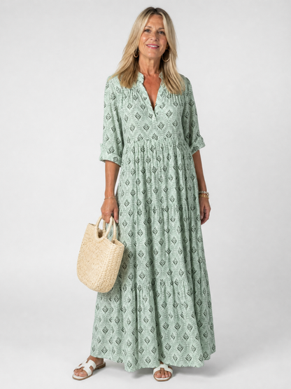 Zirelle | Printed Maxi Dress with Collar and Rolled Sleeves
