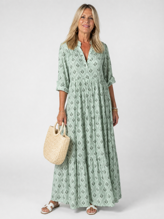 Zirelle | Printed Maxi Dress with Collar and Rolled Sleeves