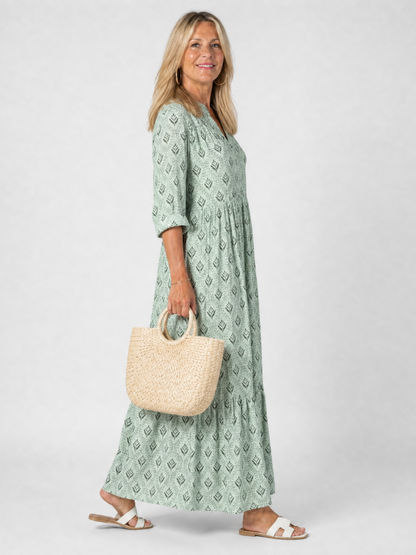 Zirelle | Printed Maxi Dress with Collar and Rolled Sleeves