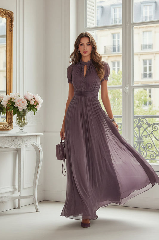 Alphina | Purple Long Dress with Keyhole Neckline and Lace Trim