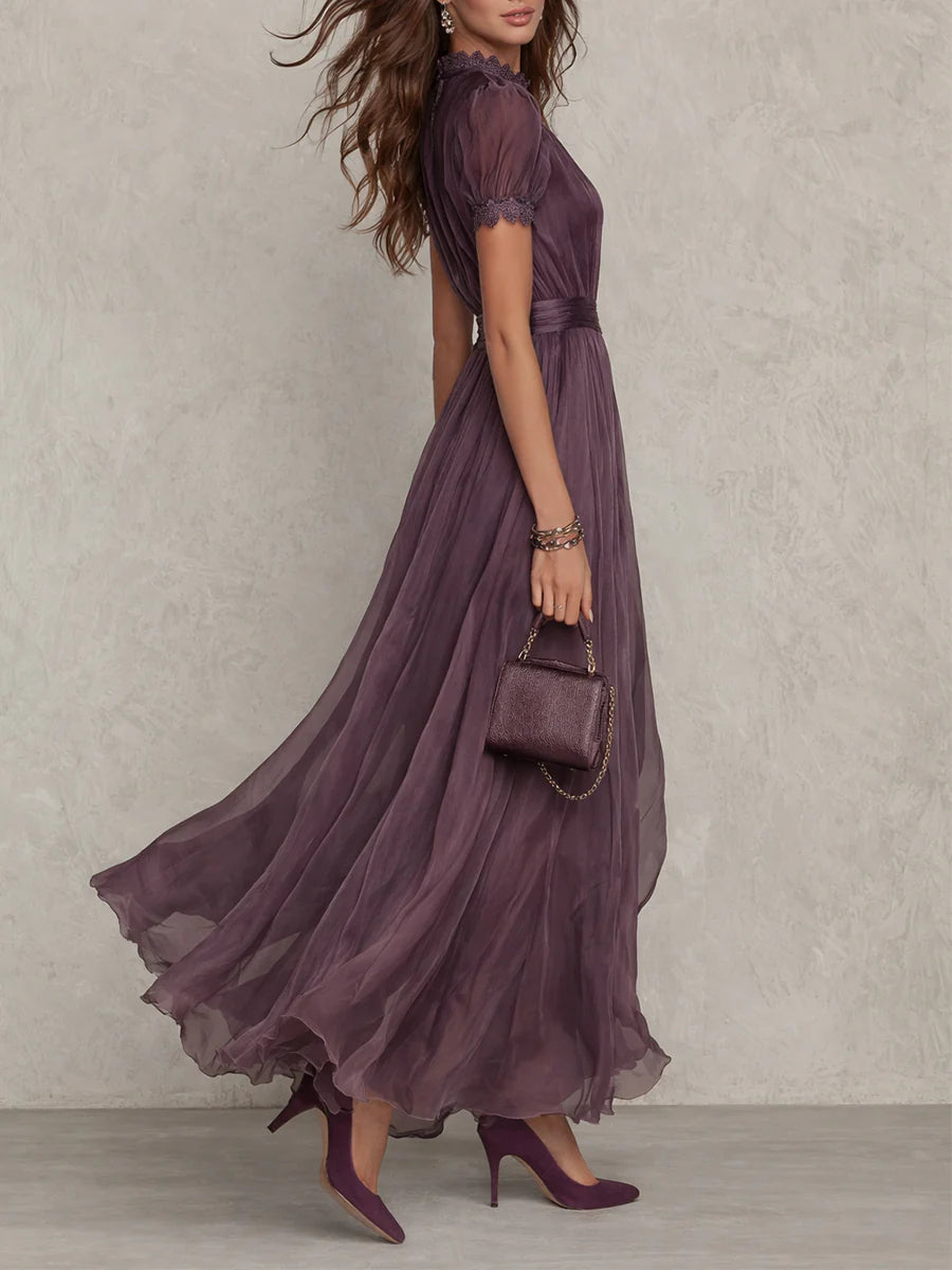Alphina | Purple Long Dress with Keyhole Neckline and Lace Trim