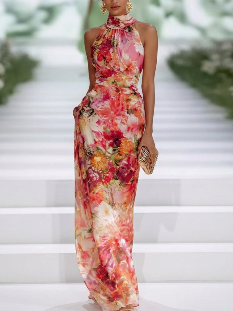 Fae | Red Floral Chiffon Sleeveless Maxi Dress