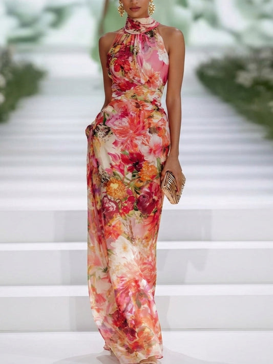 Fae | Red Floral Chiffon Sleeveless Maxi Dress