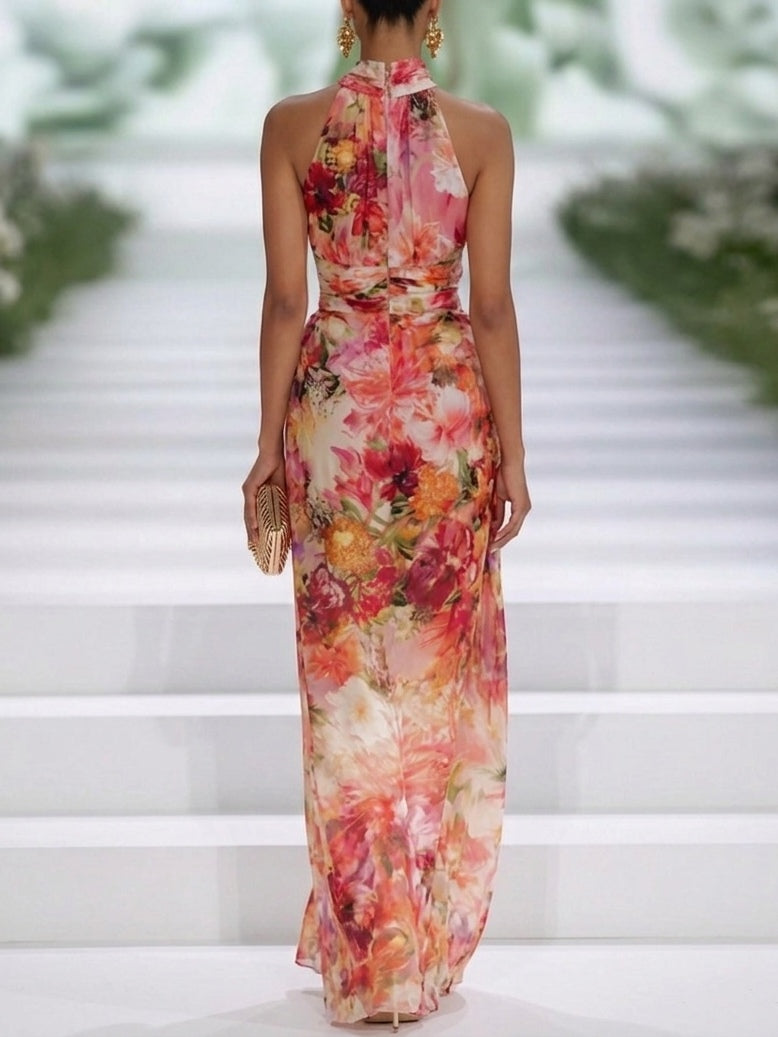 Fae | Red Floral Chiffon Sleeveless Maxi Dress