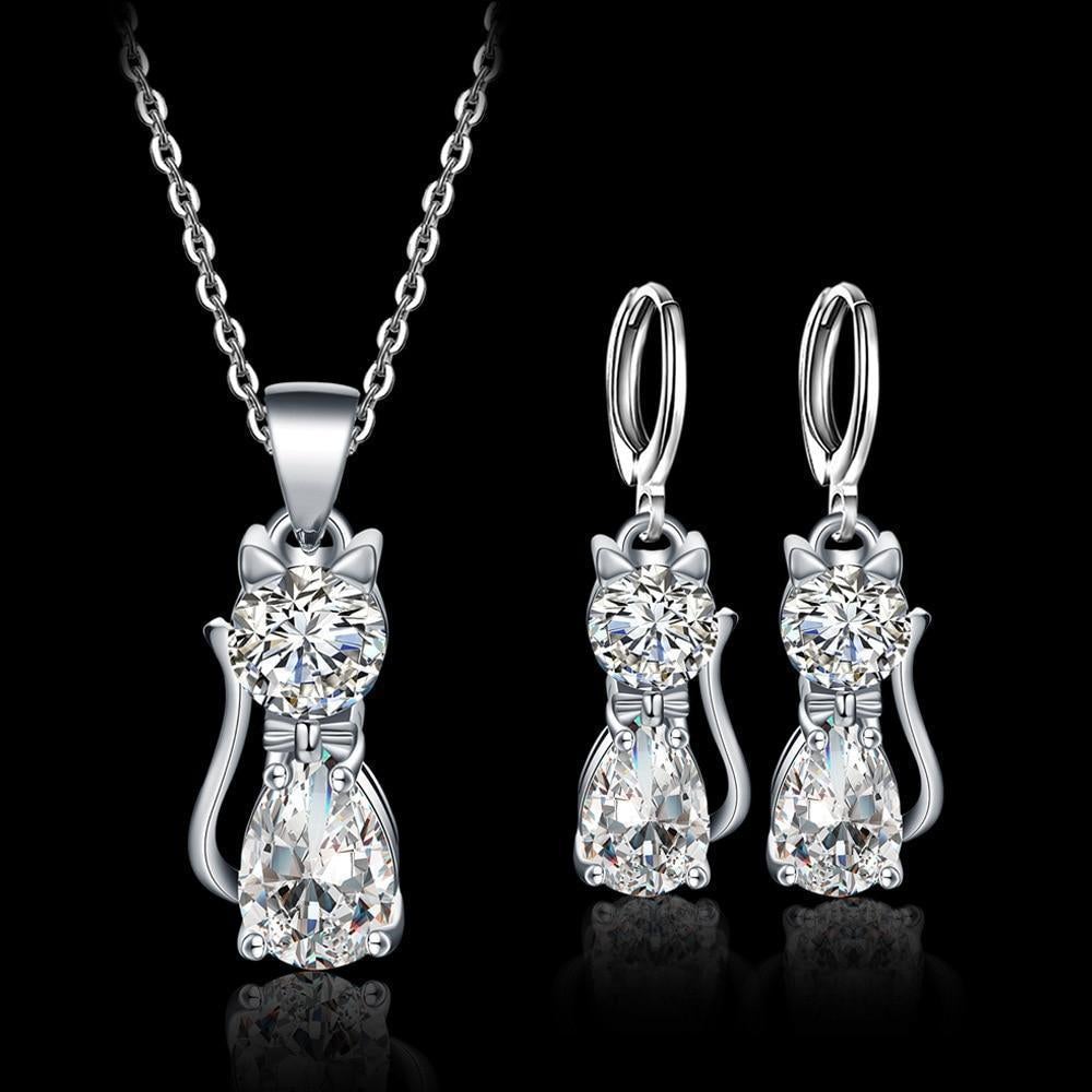 Happy Cats Necklace and Earring Set, Sterling Silver