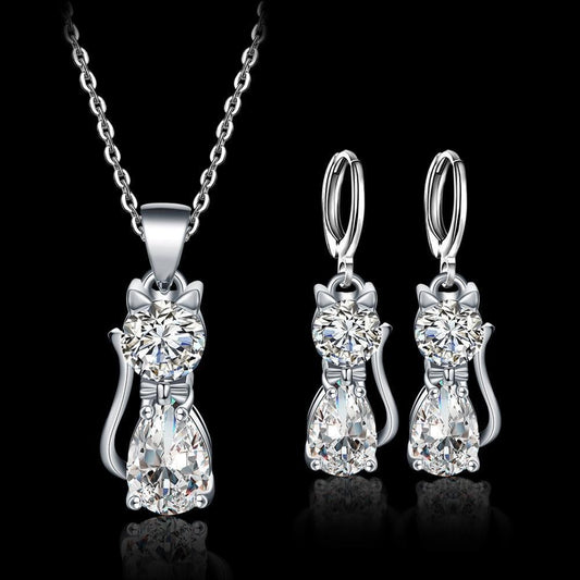 Happy Cats Necklace and Earring Set, Sterling Silver